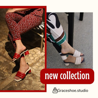 GRACE 3ปล้อง แดง-ขาวนม ไซส์ 36-43 รองเท้าผู้หญิงเปิดส้น รองเท้าแตะส้นสูง 2 นิ้ว รองเท้าแฟชั่น หนังนิ่มมากๆ