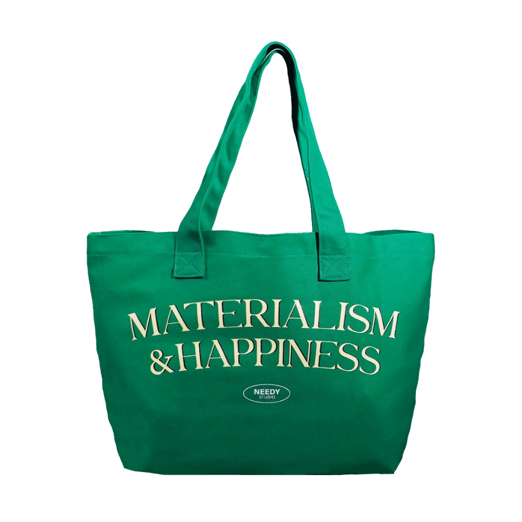 กระเป๋าผ้าแคนวาสพิมพ์ลาย MATERIALISM & HAPPINESS สีเขียว