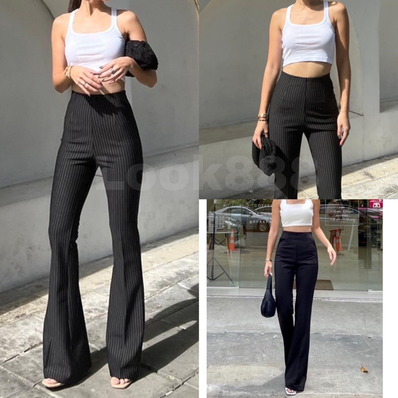Looktrend888 กางเกงขายาว เอวสูง ทรงขาบาน ขาม้าเล็ก ซิปหลัง ผ้ายืด ลายริ้ว ทรงสวย ใส่ทำงานได้