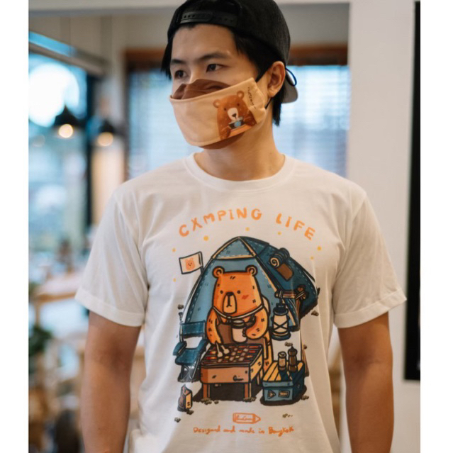 Camping Life T-shirt เสื้อยืด สีขาวออฟไวท์ ลายน้องหมีแคมป์ปิ้ง