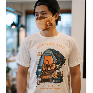 Camping Life T-shirt เสื้อยืด สีขาวออฟไวท์ ลายน้องหมีแคมป์ปิ้ง