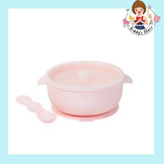 Qooc Bowl Suction ชามซิลิโคน ดูดโต๊ะ พร้อมช้อน สีชมพูอ่อน