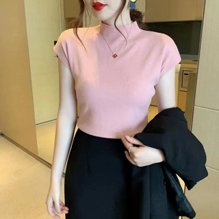 ขนาดใหญ่ รุ่นใหม่ เสื้อไหมพรมผู้หญิง แขนสั้น สีพื้น คอสูง ผ้านิ่ม