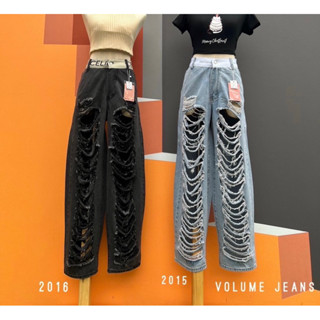 Order Volume jeans กางเกงยีนส์เอวสูงทรงขากระบอกลิซ่าแต่งขอบเอวแต่งขาดเยอะเซอร์ jeansdede