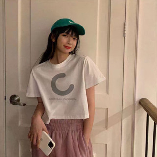 เสื้อครอปแขนสั้นคอกลม เสื้อผ้าวัยรุ่นแฟชั่นผู้หญิง เสื้อเอวลอยน่ารัก