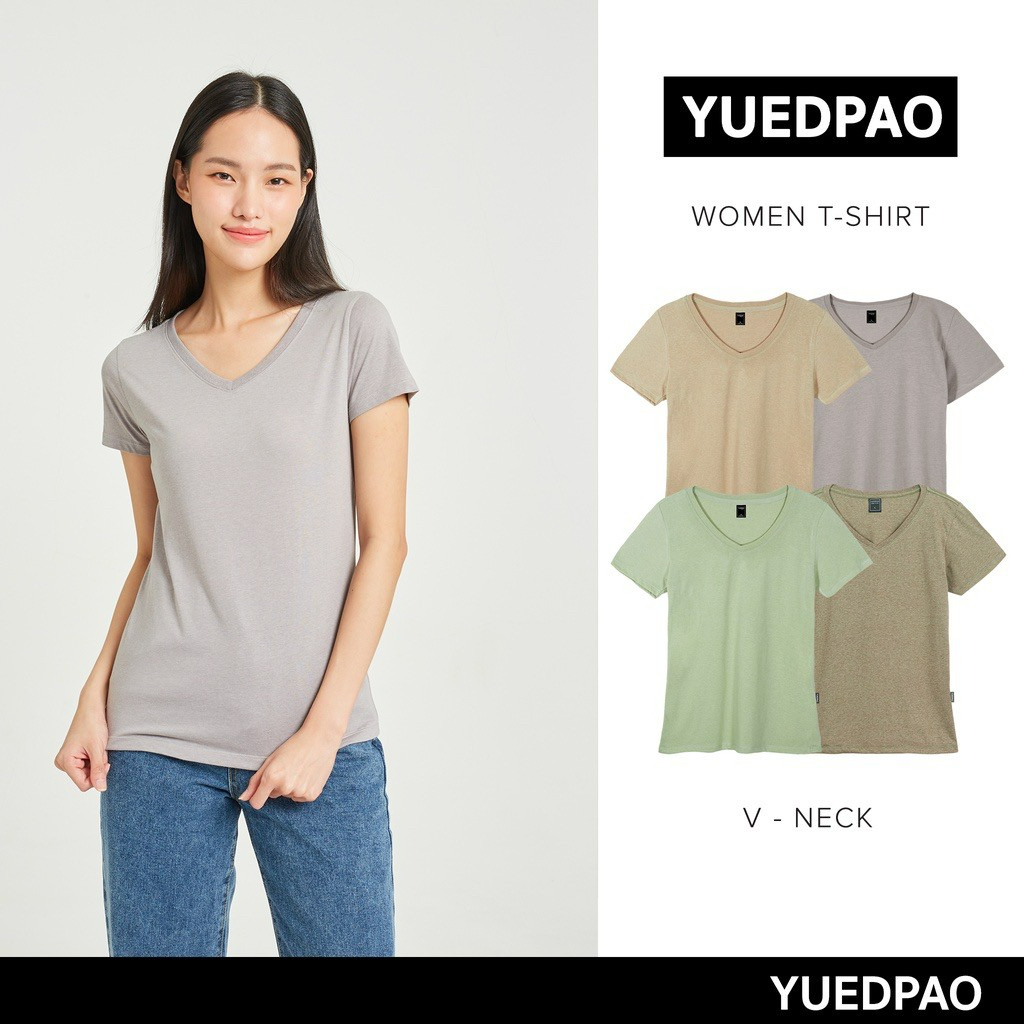 Yuedpao เสื้อยืดผู้หญิงคอวี ทรงเข้ารูป ผ้านุ่ม ใส่สบาย เสื้อยืดสีพื้น เสื้อยืดผู้หญิง คอวี Set Fores