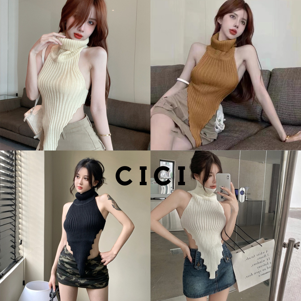 ส่งทันที Cici(NO. 60119)Mini Croptop เสื้อไหมพรมแขนกุดคอเต่า กิมมิคเปิดหลังแซ่บๆลุคสายฝอ