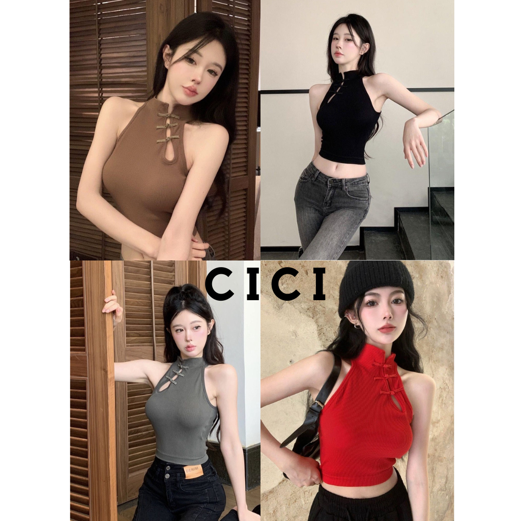Cici(NO.A1340)Knitt CropTop เสื้อครอปไหมพรมแขนกุด แมตช์ง่ายลุคตรุษจีนเก๋ๆ