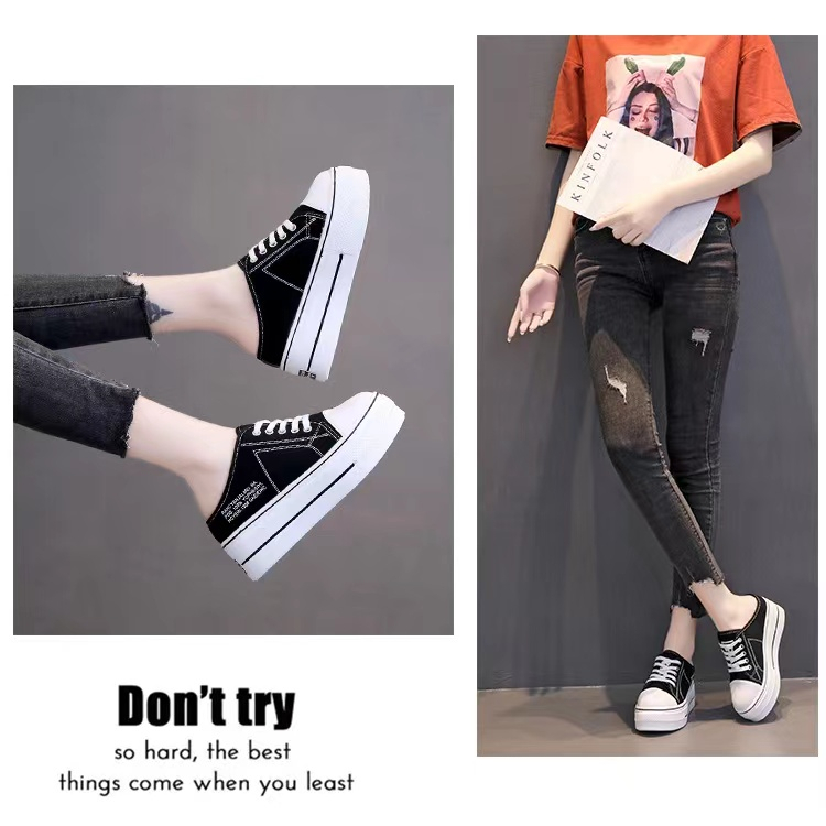 🔥จัดส่งจากประเทศไทย🔥รองเท้าผ้าใบเปิดส้นผู้หญิง ลองเท้าเหยียบส้นผู้หญิง รองเท้าแตะใส่ภายนอก พื้นหนา รองเท้าผ้าใบส้นสูงผู้