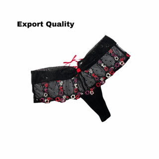 Export Quality sexy panty กางเกงชั้นในจีสตริงสีดำซีทรู ร้อยโบว์แดงสุดเซ็กซี่ด้านหลัง งานดอกไม้ปักสวยใส่แล้วปังมาก