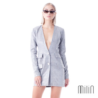 [MILIN] Palazzate Jacket Collarless deep V sequin blazer เสื้อ เบลเซอร์ คอวี ผ้าเลื่อม ทวีต