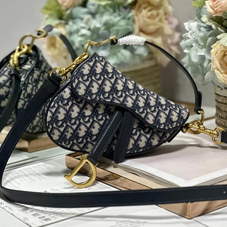 Dior ดิออร์ กระเป๋าผู้หญิง แฟชั่น คลาสสิค สีน้ำเงิน Oblique ดอกไม้ อานม้า กระเป๋าสะพายข้าง กระเป๋าสะพายไหล่