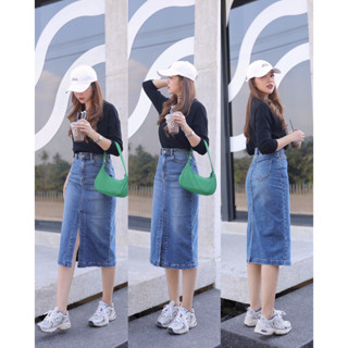 พร้อมส่ง #NO7 Code : N7049 FRONT SLIT MIDI DENIM SKIRT #กระโปรงยีนส์