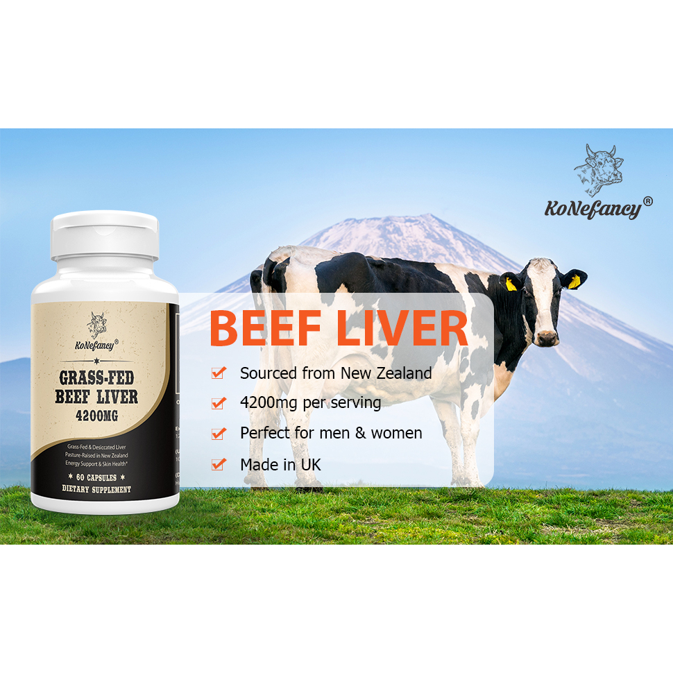 พร้อมส่ง KoNefancy Grass Fed Beef Liver 4200mg, Grassfed Beef Liver Bovine Supplements - Heme Iron, 