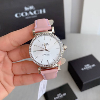 (ผ่อน0%) นาฬิกา สายหนังชมพูตัวเรือนเงิน  Coach Madison Pink Crystal Watch 14503550 หน้สปัเกลม ล้อมคริสตัล ขนาด 34 mm.