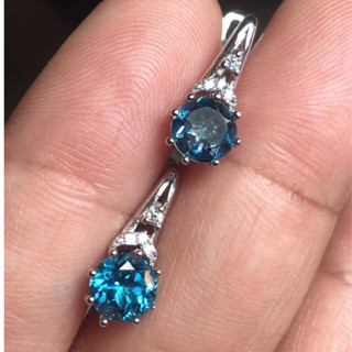 ต่างหูพลอยลอนดอนบลูโทปาส เพชร cz  6 MM.London Blue Topaz &amp; White Cubic Zirconia Earrings 925 Sterling Silver