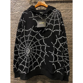 PALM ANGELS SPIDER WEB HOODIE เสื้อฮู้ดดี้กันหนาวแขนยาว แบรนด์ปาล์มแองเจิล สีดำ สกรีนตัวหนังสือโลโก้แบรนด์ รูปใยแมงมุม