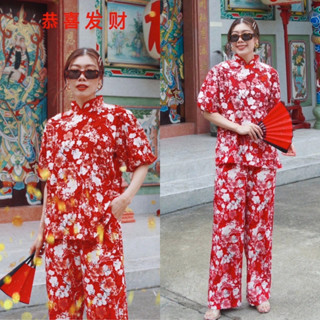 Nudeaholic 1385 CNY Chinese Blouse Ballon Sleevese + Pants Set  เซ็ตเสื้อคอจีนกระดุมจีน แขนบอลลูน  LSP