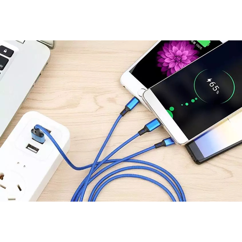 2025 รุ่นใหม่สุด 3 in 1 USB สายชาร์จมัลติฟังก์ชั่นถักไนลอน สายชาร์จสายสำหรับ iPhone/Android/Type-C ( มี5สีให้เลือก)