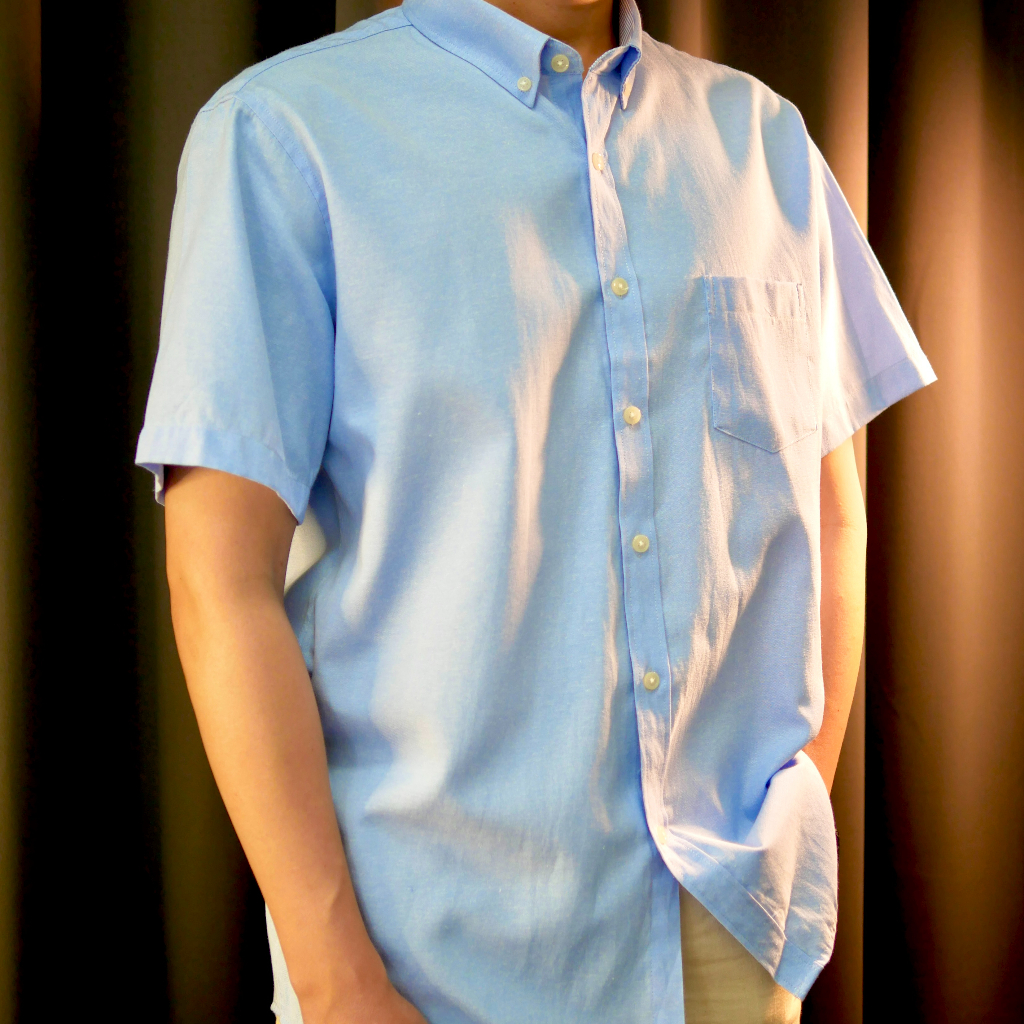 ALTERNATE เสื้อเชิ้ตผ้าออกซ์ฟอร์ด แขนสั้น สีฟ้า Relaxed Fit Oxford Shirt
