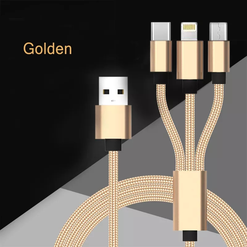 2025 รุ่นใหม่สุด 3 in 1 USB สายชาร์จมัลติฟังก์ชั่นถักไนลอน สายชาร์จสายสำหรับ iPhone/Android/Type-C ( มี5สีให้เลือก)