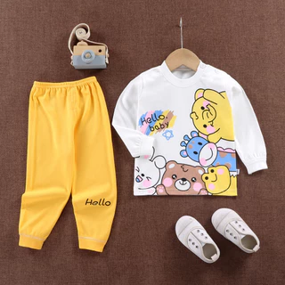 ชุดนอนเด็ก เสื้อแขนยาว+ขายาวเด็ก ชุดเซ็ท เสื้อผ้าเด็ก ผ้าcotton size 73-100 CXT08