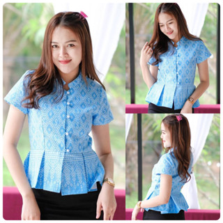 เสื้อใส่ทำงานลายขิด คอจีนชายระบาย ผ้าคอตตอนพิมพ์ลาย