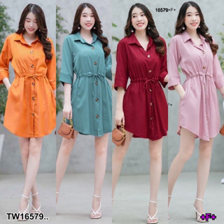 16579 เดรสปกเชิ้ต แขน 5 ส่วน โบว์ผูกเอว Shirt dress, 5-quarter sleeves, bow tie at waist