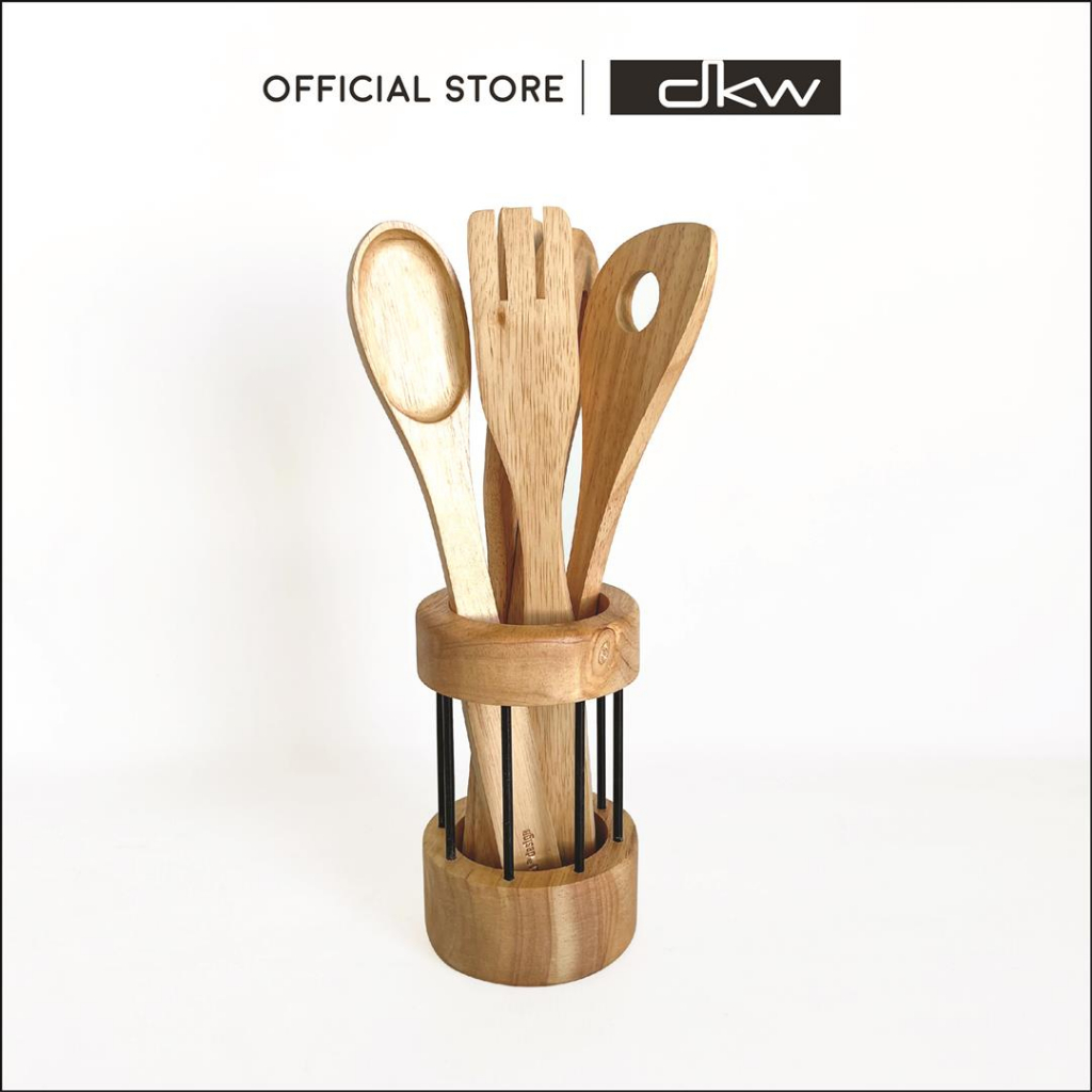 DKW WA-107 ชุดไม้พายผสมอาหาร ทัพพี ตะหลิว ช้อน ส้อม พร้อมฐานไม้ยางพารา ราคา ถูกที่สุด ดีลบีเคเค