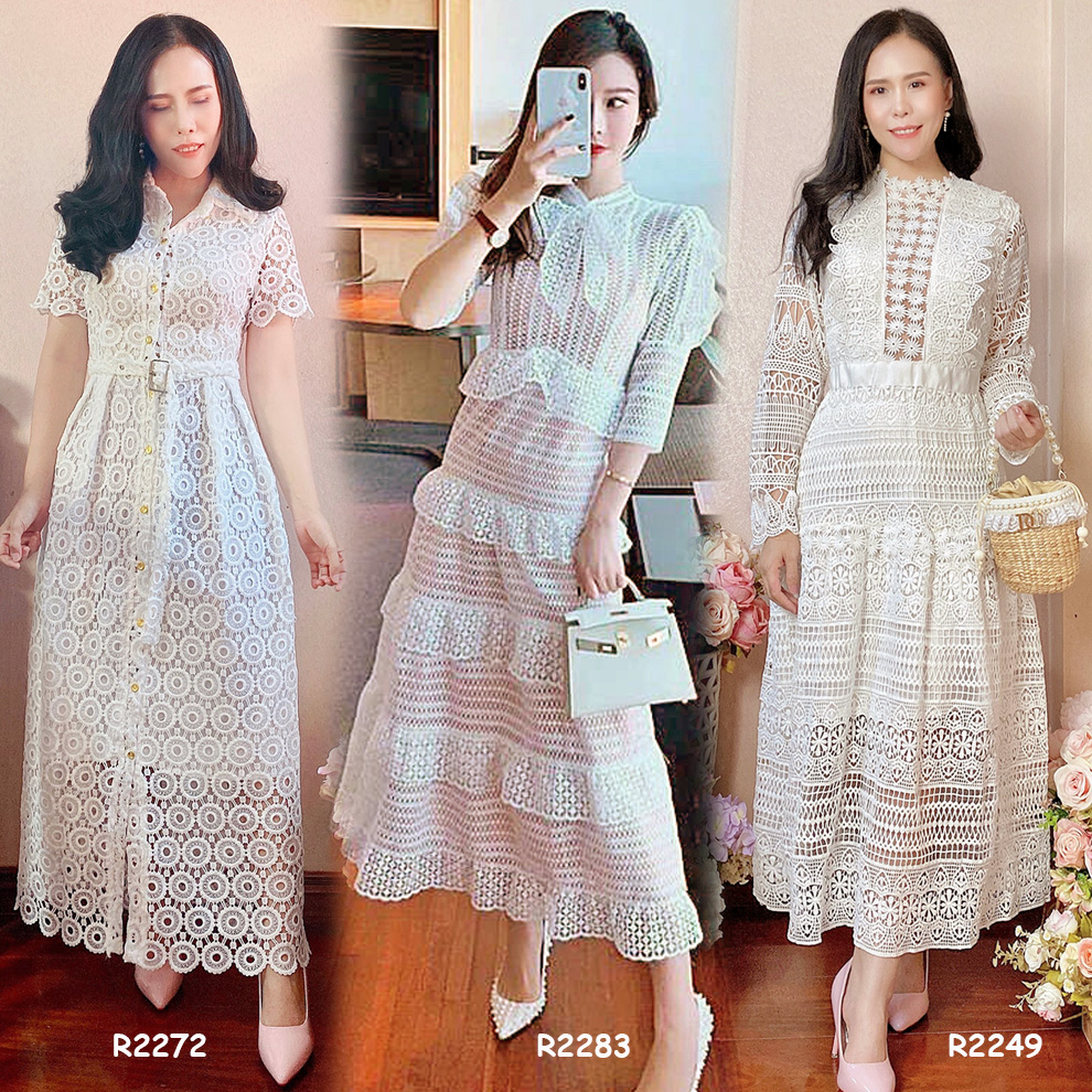 S-XL ชุดเดรสลูกไม้ยาวสีขาว ชุดทำบุญ ชุดไปงานบวช,งานแต่ง