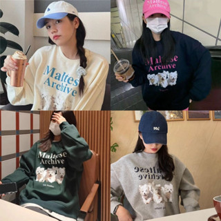 Sweater เสื้อเเขนยาว Maltese Archive สกรีนลายน้องหมา เสื้อโอเวอร์ไซส์ เนึ้อผ้าคอตตอน VE009