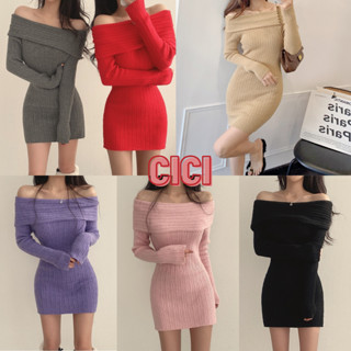 Cici(NO.1466-7)Knitt dress เดรสสั้นไหมพรมปาดไหล่ เนื้อผ้าทอร่อง ผ้ายืดเก็บทรงสวยแบบปังง