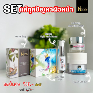 Ness แก้ทุกปัญหาผิวหน้า ครีมลดฝ้า1ปุก มาส์กหน้า 1 ขวด รีแพร์เจลทดลอง1ปุก สบู่เนส1ก้อน สบู่แมงกระพรุน 1 ก้อน