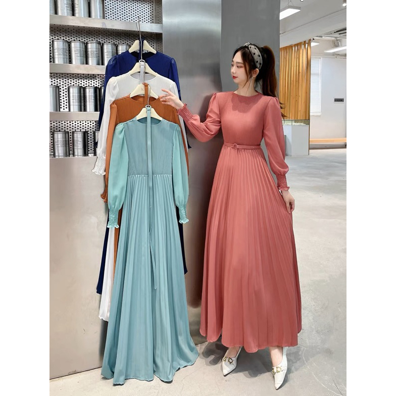 ชุดเดรสอัดพลีทชีฟอง เดรสยาว แต่งเข็มขัด ผ้าพริ้ว ใส่เที่ยว ใส่ออกงาน dress