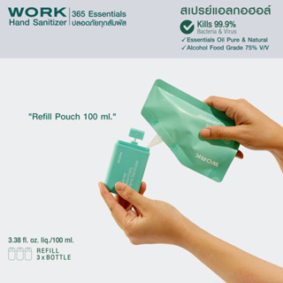 กลิ่นมินท์ สเปรย์แอลกอฮอล์ Refilled 100ml ถุงเติม บำรุงมือ,WORK Hand Sanitizer,Food Grade 75%v/v+Pure Essentials หอม