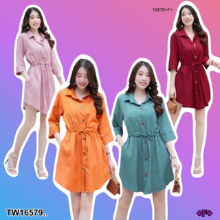 TW16579 Mini dress ปกเชิ้ตแขน 5 ส่วน ติดกระดุม