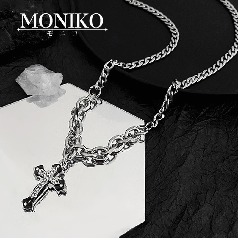 MONIKO สร้อยคอไม้กางเขนประดับเพชรหลายชั้น สไตล์ฮิปฮอป อเมริกา สตรีท สําหรับผู้ชายและผู้หญิง