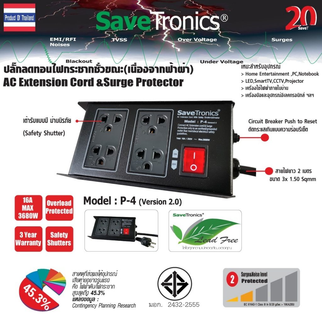 Savetronics รุ่น P-4v.2 ปลั๊กสายพ่วงแบบตัดวงจรกระแสเกิน AC Power Extension Cord&Breaker