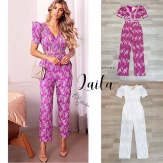 jumpsuitงานฉลุลูกไม้ทรงสวย ทรงคอวี แต่งปักระบายๆ แขนตุ๊กตา