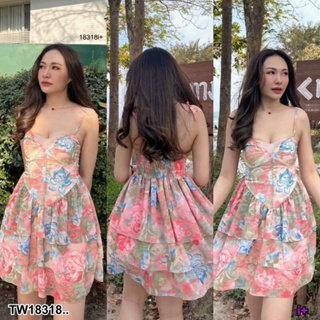 TT18318 เดรสสั้น สายเดี่ยวพิมพ์ลาย กระโปรง 3 ชั้น .Short dress, single strap, printed pattern, 3 layers skirt..