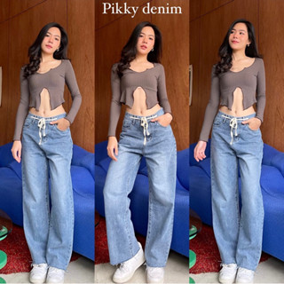 Pikky denim ยีนส์ขายาวดีเทลเชือกด้านหน้าพร้อมส่ง