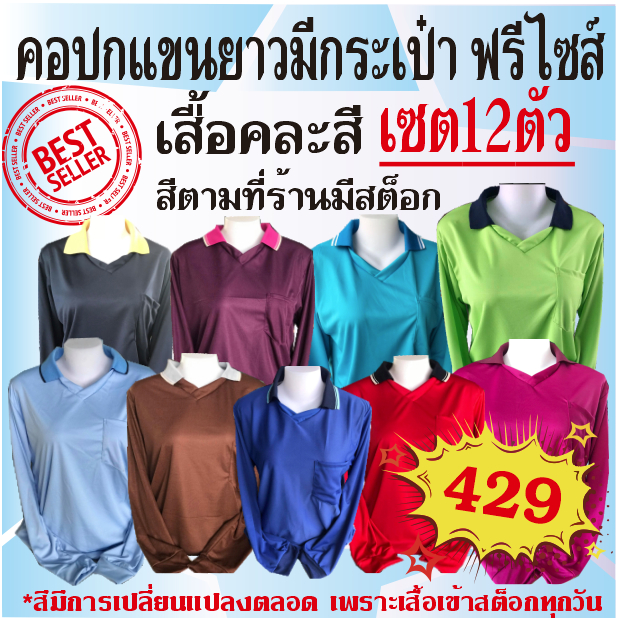TWG12ACV เสื้อยืดแขนยาวมีกระเป๋าคอปก(เซต 12ตัว)เสื้อคละสีระบุสีไม่ได้เลือกสีไม่ได้เสื้อทำงาน