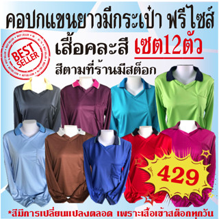 TWG12ACV เสื้อยืดแขนยาวมีกระเป๋าคอปก(เซต 12ตัว)เสื้อคละสีระบุสีไม่ได้เลือกสีไม่ได้เสื้อทำงาน