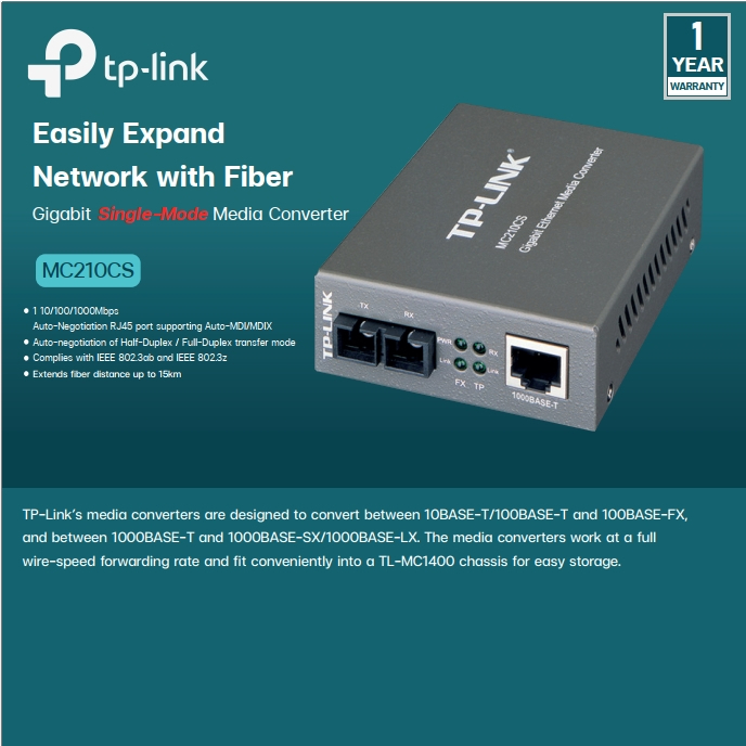 TP-Link Gigabit Single-Mode Media Converter รุ่น MC210CS