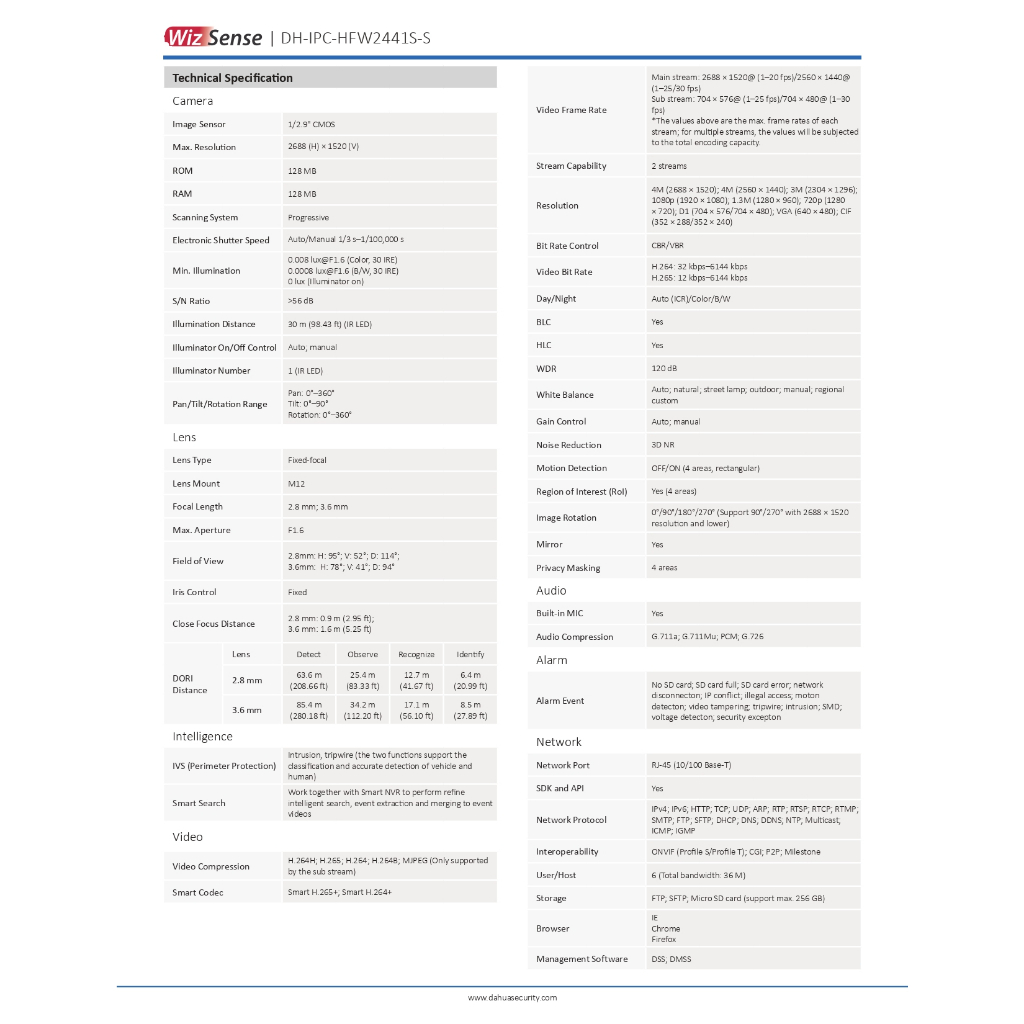 DAHUA กล้องวงจรปิด 4MP มีไมค์ในตัว รุ่น IPC-HFW2441S-S - แบบเลือกซื้อ BY N.T Computer