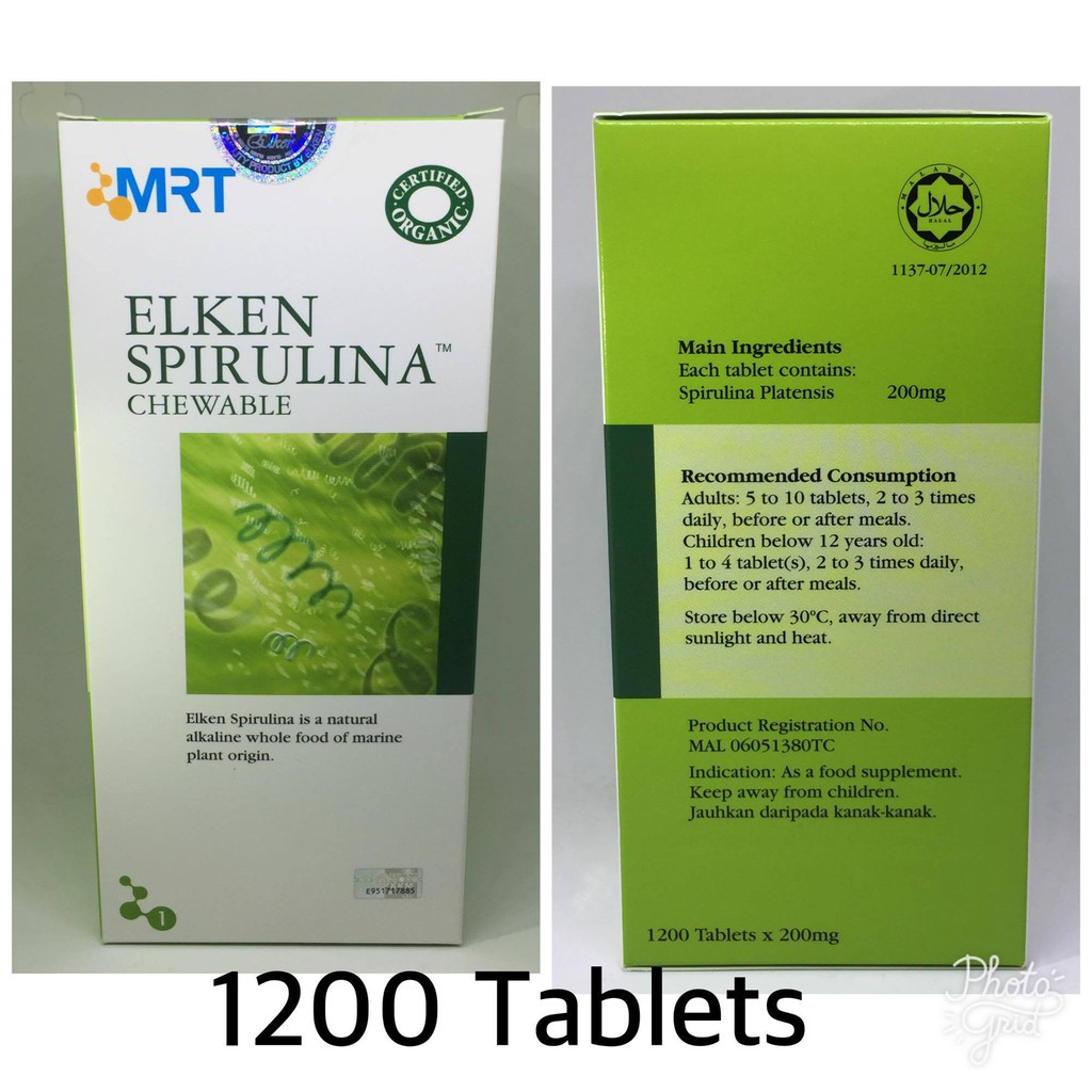 สาหร่าย เอลเคน สไปรูไลน่า( Elken Spirulina ) 1200 เม็ด ราชาแห่งสไปรูลิน่า ช่วยลดคลอเลสเตอรอล