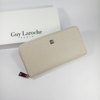 Guy Laroche แท้!!!กระเป๋าสตางค์ผู้หญิงใบยาว ซิปรอบ สีเบจ หนังลายซาเฟียโน อะไหล่เงิน หนังแท้ 100%