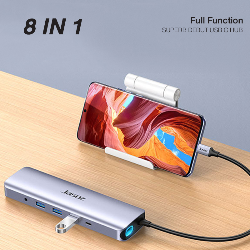 ⚡ส่งจาก กทม⚡Jasoz อะแดปเตอร์ฮับ Type C HUB 8in1 Adabter แท้ Hub USB3.0*3+HDMI+PD100W+SD+TF+RJ45