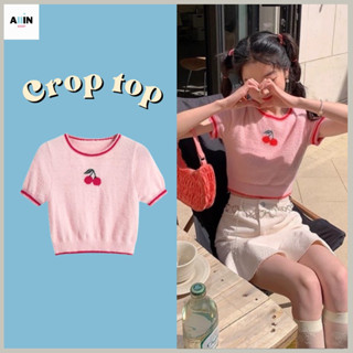 พร้อมส่ง🍒Cherry เสื้อครอป เสื้อแขนสั้น เสื้อผ้าสไตล์เกาหลี เสื้อไหมพรม เสื้อเชอร์รี่