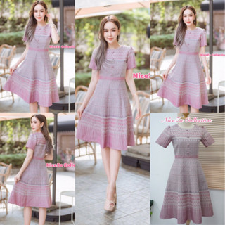 Z03(S-2XL)ป้าย NiceZa💕เดรสยาว เดรสผ้าทอลายไทย สีชมพู  ทรงย้วย เจ้าหญิง พลิ้วสวย